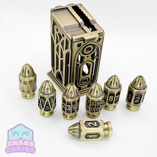 Bullet Brushed Gold 7-piece Metal Dice Set with Magazine Clip