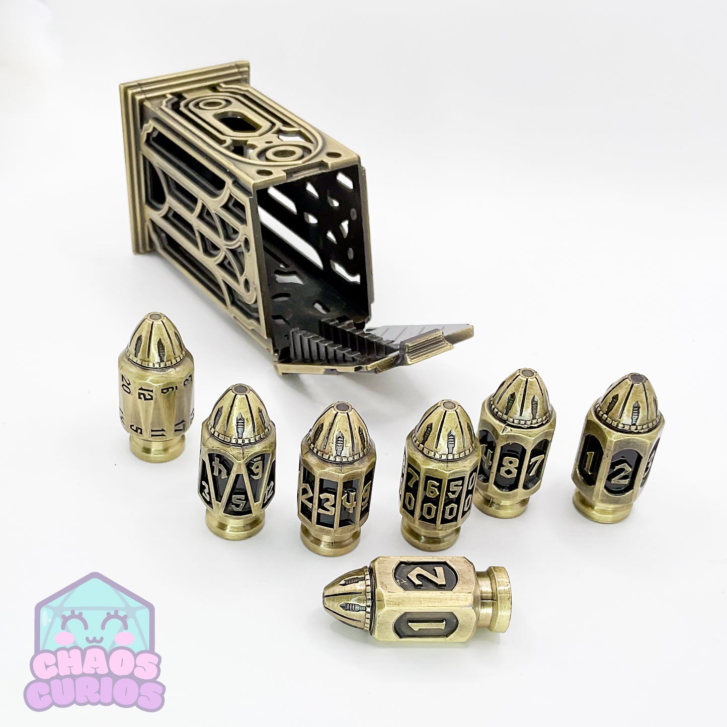 Bullet Brushed Gold 7-piece Metal Dice Set with Magazine Clip