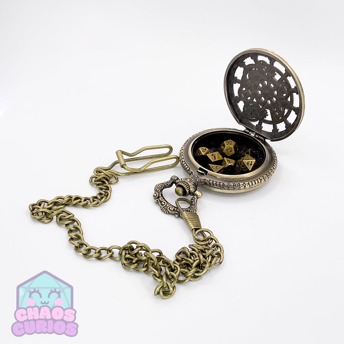 Pocket Watch filled with Micro Metal Dice Gold 7-piece Metal Dice Set