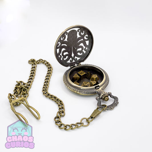 Pocket Watch filled with Micro Metal Dice Gold 7-piece Metal Dice Set