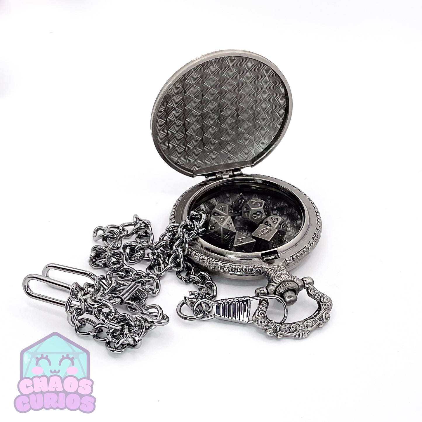 Pocket Watch filled with Micro Metal Dice Silver 7-piece Metal Dice Set