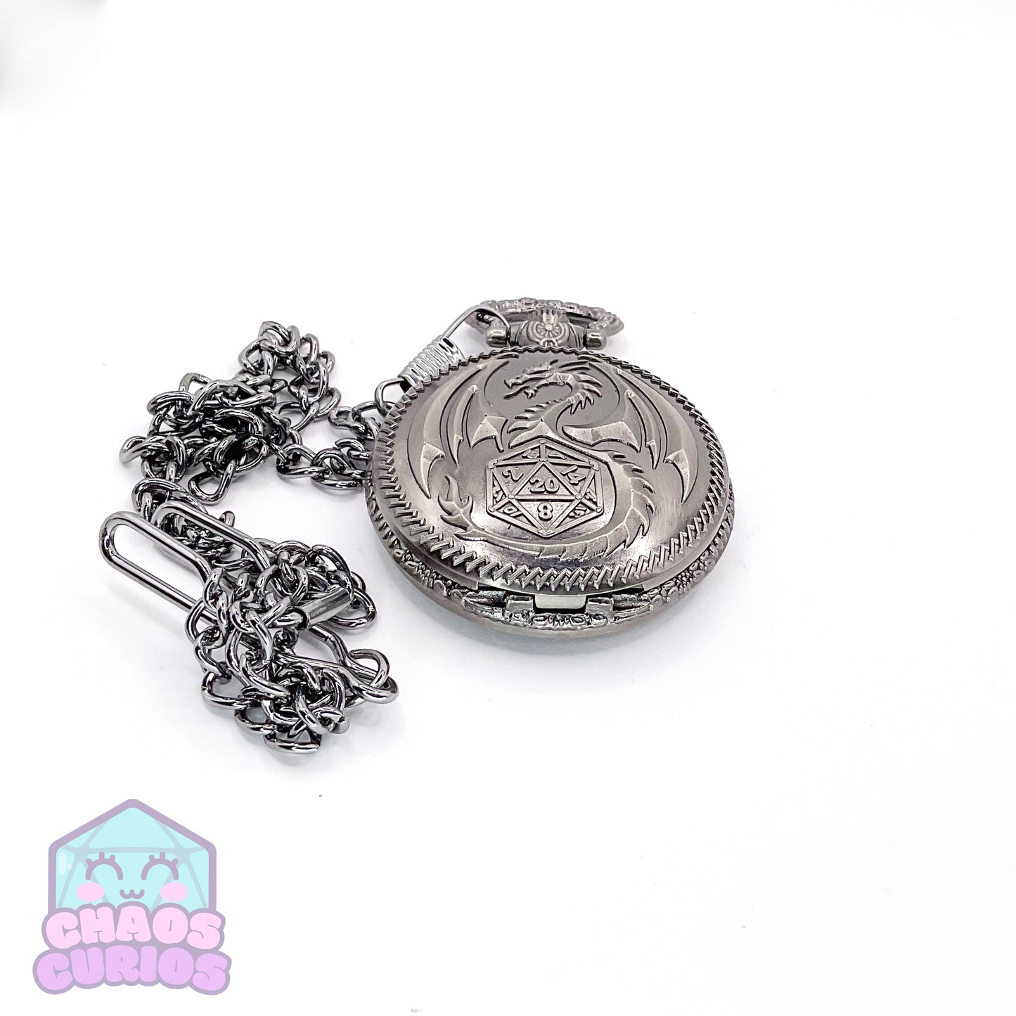 Pocket Watch filled with Micro Metal Dice Silver 7-piece Metal Dice Set