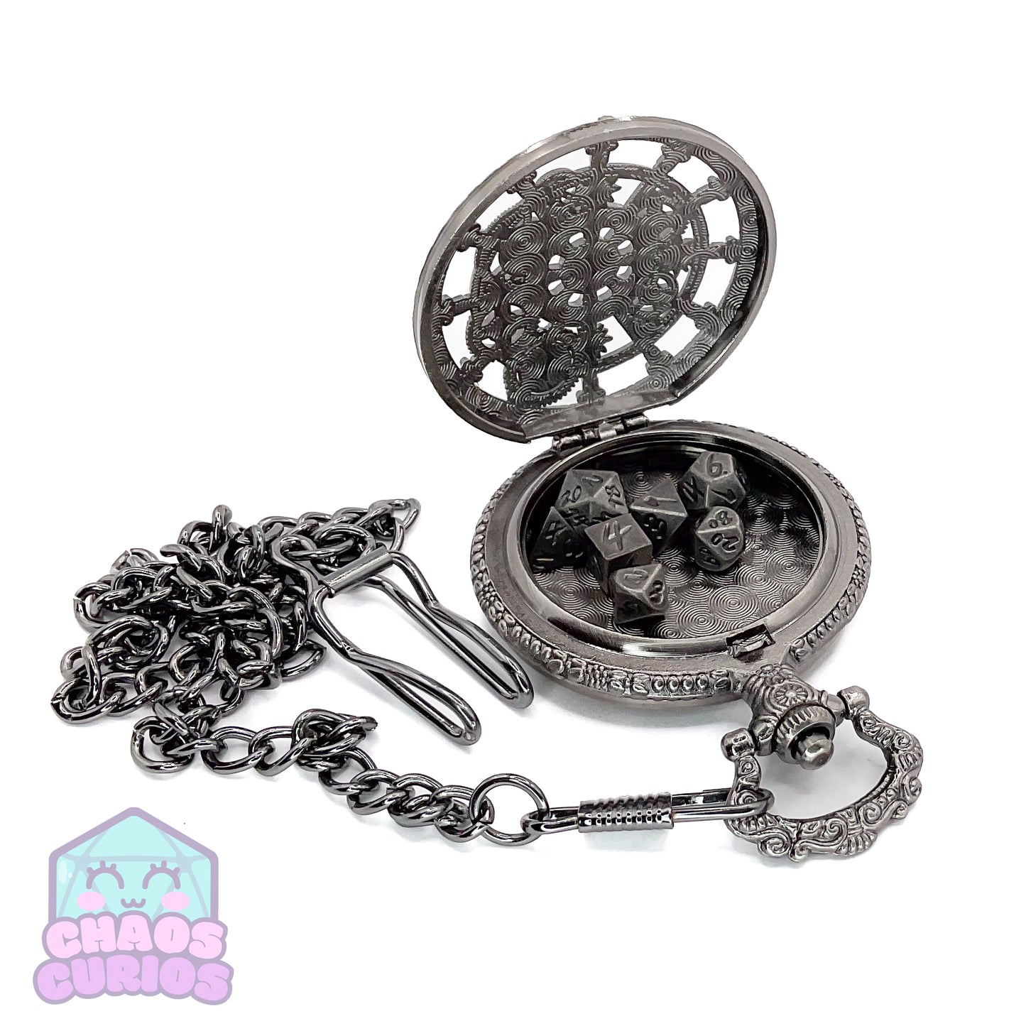 Pocket Watch filled with Micro Metal Dice Silver 7-piece Metal Dice Set