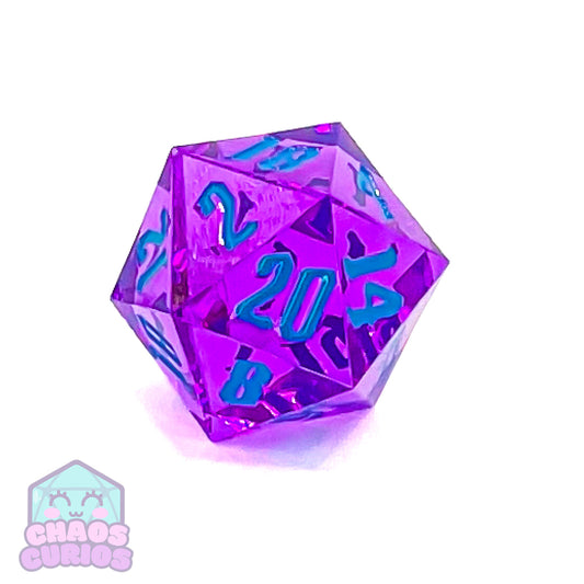 Purple 55mm Chonker D20 with Blue Chaos Font Inking