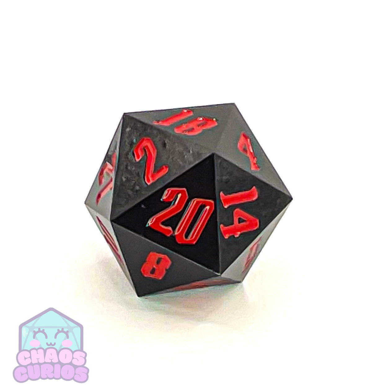 Red Black 55mm Chonker D20 with Chaos Font Inking