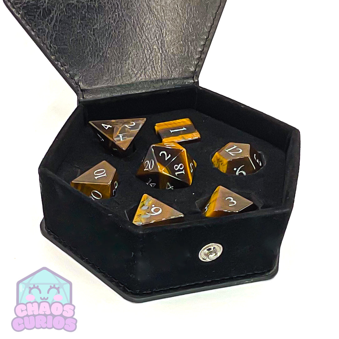 Tiger's Eye Gemstone 7-piece Sharp Edged Dice Set