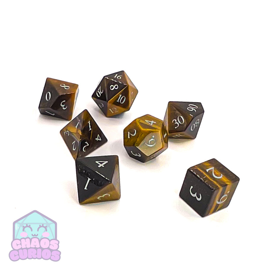 Tiger's Eye Gemstone 7-piece Sharp Edged Dice Set