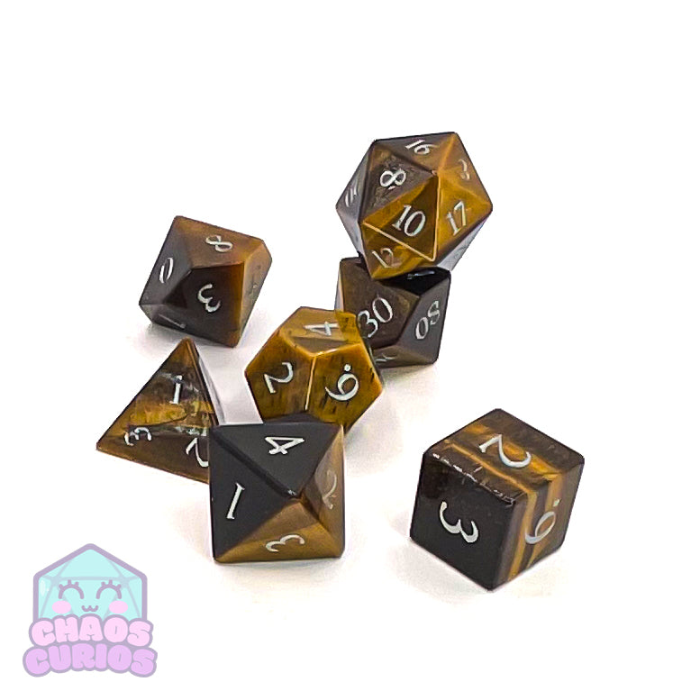 Tiger's Eye Gemstone 7-piece Sharp Edged Dice Set