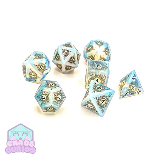 Opalite Gemstone 7-piece Sharp Edged Dice Set