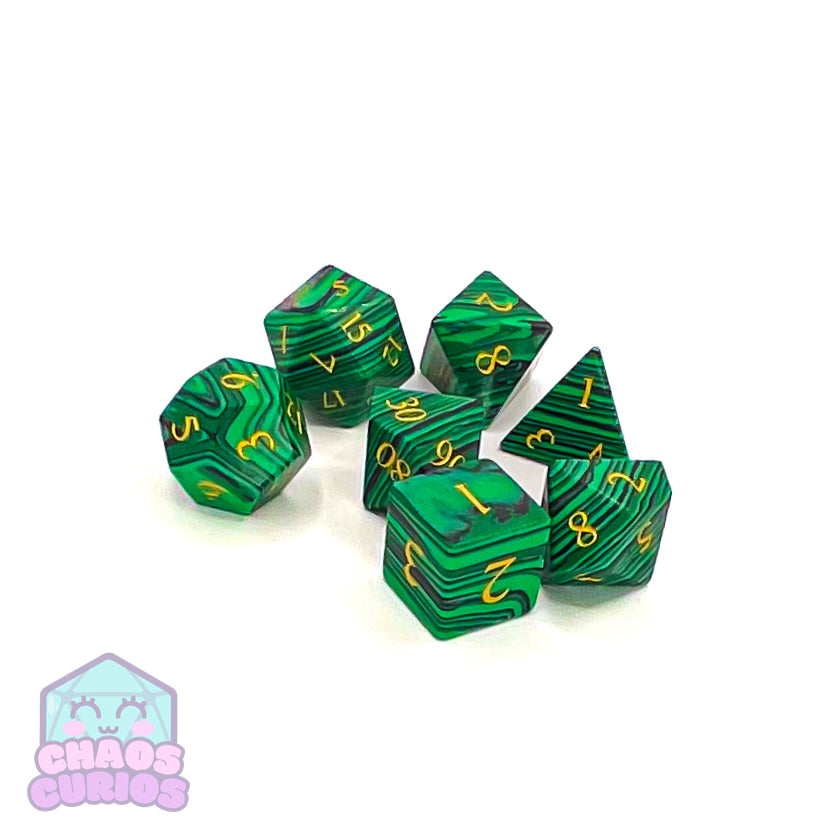 Malachite Gemstone 7-piece Sharp Edged Dice Set