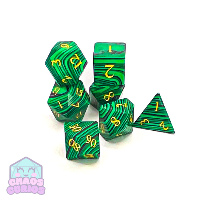 Malachite Gemstone 7-piece Sharp Edged Dice Set