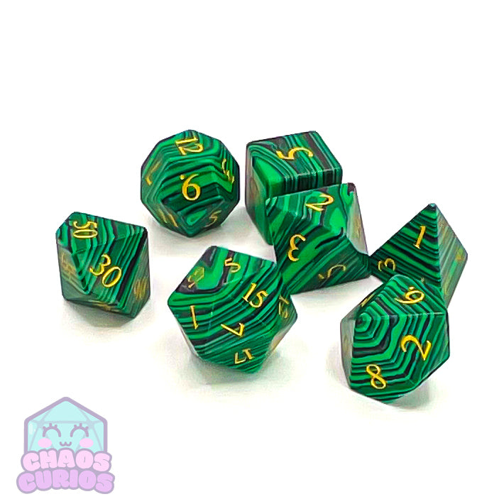 Malachite Gemstone 7-piece Sharp Edged Dice Set