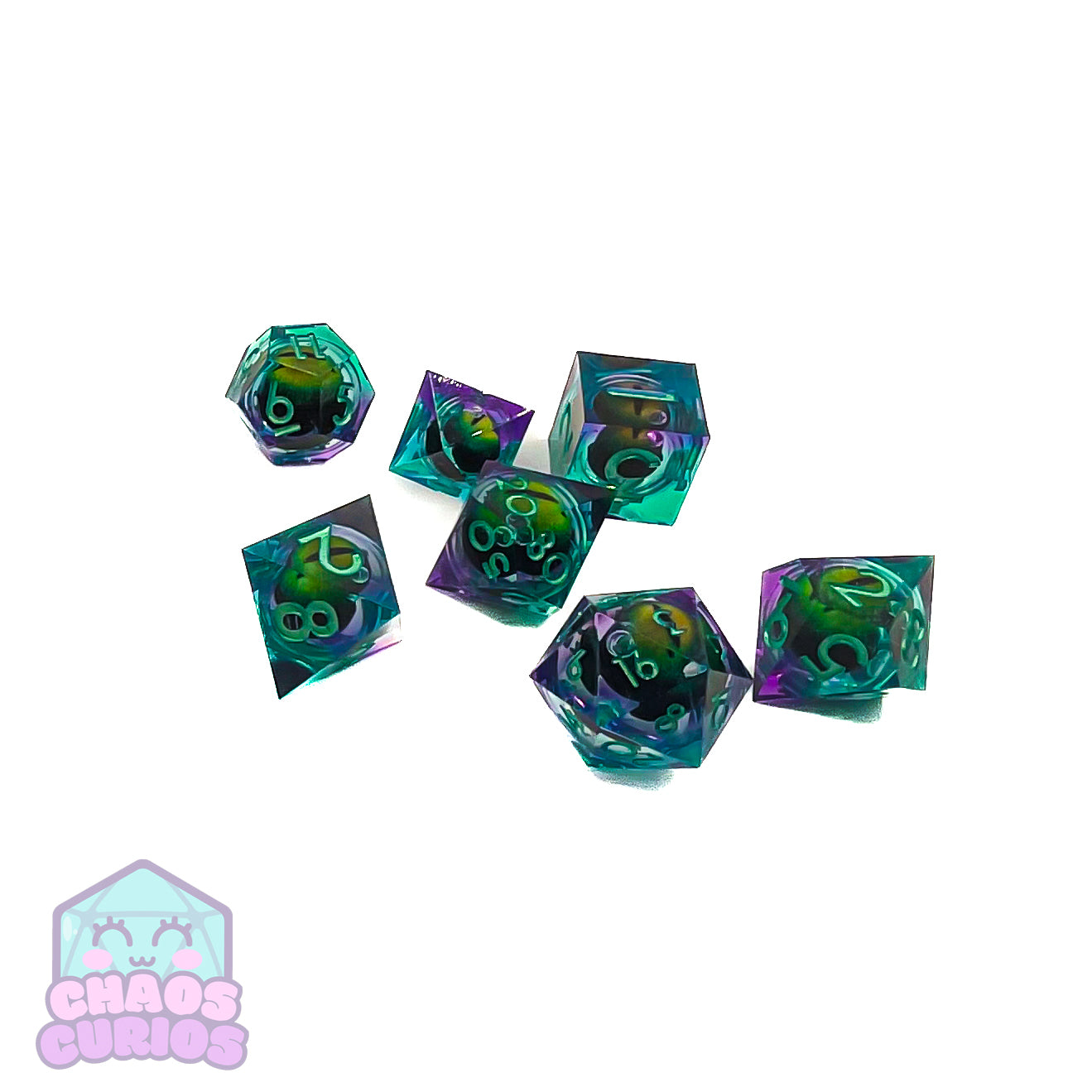 Rolling Green Monster Dragon Eyes 7-piece Liquid Core Sharp Edged Resin Dice Set