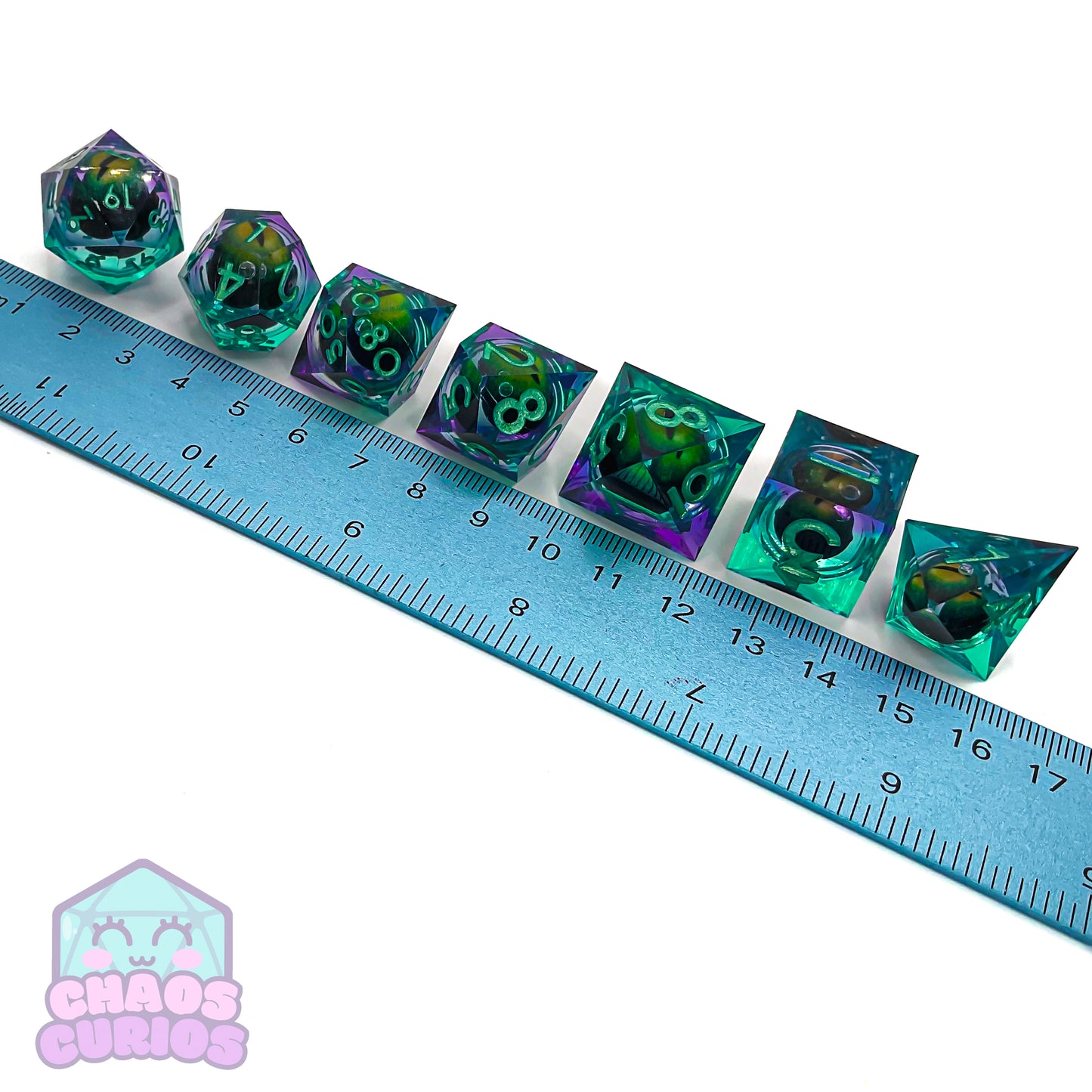 Rolling Green Monster Dragon Eyes 7-piece Liquid Core Sharp Edged Resin Dice Set