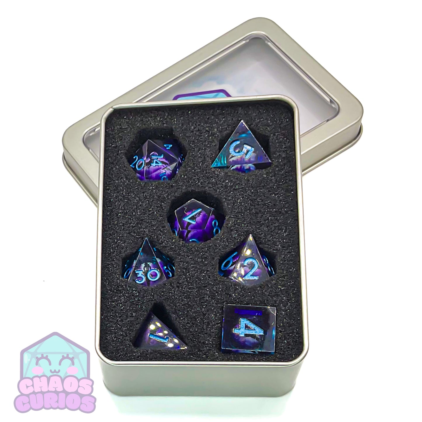 Rolling Purple Monster Dragon Eyes 7-piece Liquid Core Sharp Edged Resin Dice Set