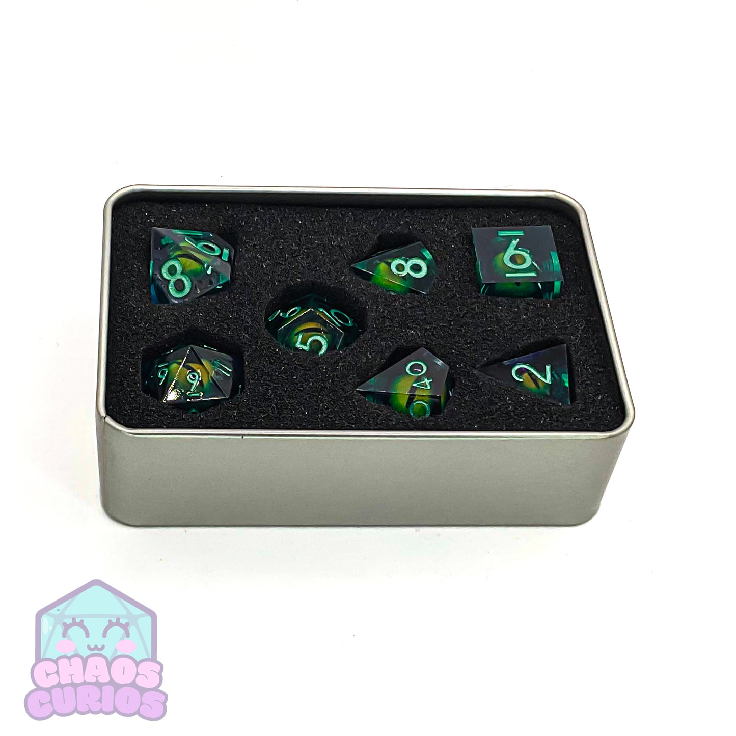 Rolling Green Monster Dragon Eyes 7-piece Liquid Core Sharp Edged Resin Dice Set