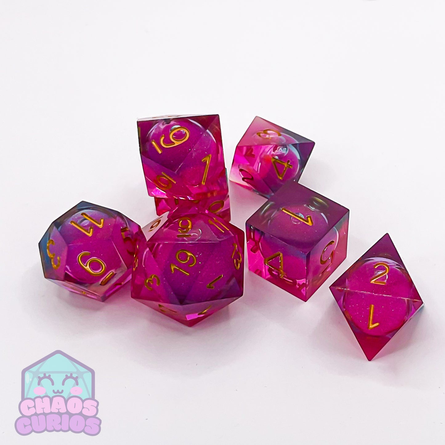 Glitter Pink Gold 7-piece Liquid Core Sharp Edged Resin Dice Set