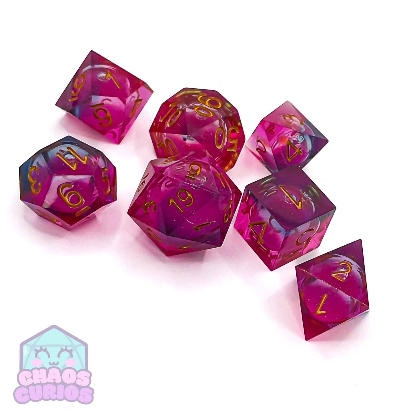 Glitter Pink Gold 7-piece Liquid Core Sharp Edged Resin Dice Set