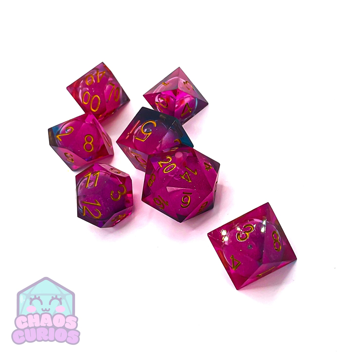 Glitter Pink Gold 7-piece Liquid Core Sharp Edged Resin Dice Set