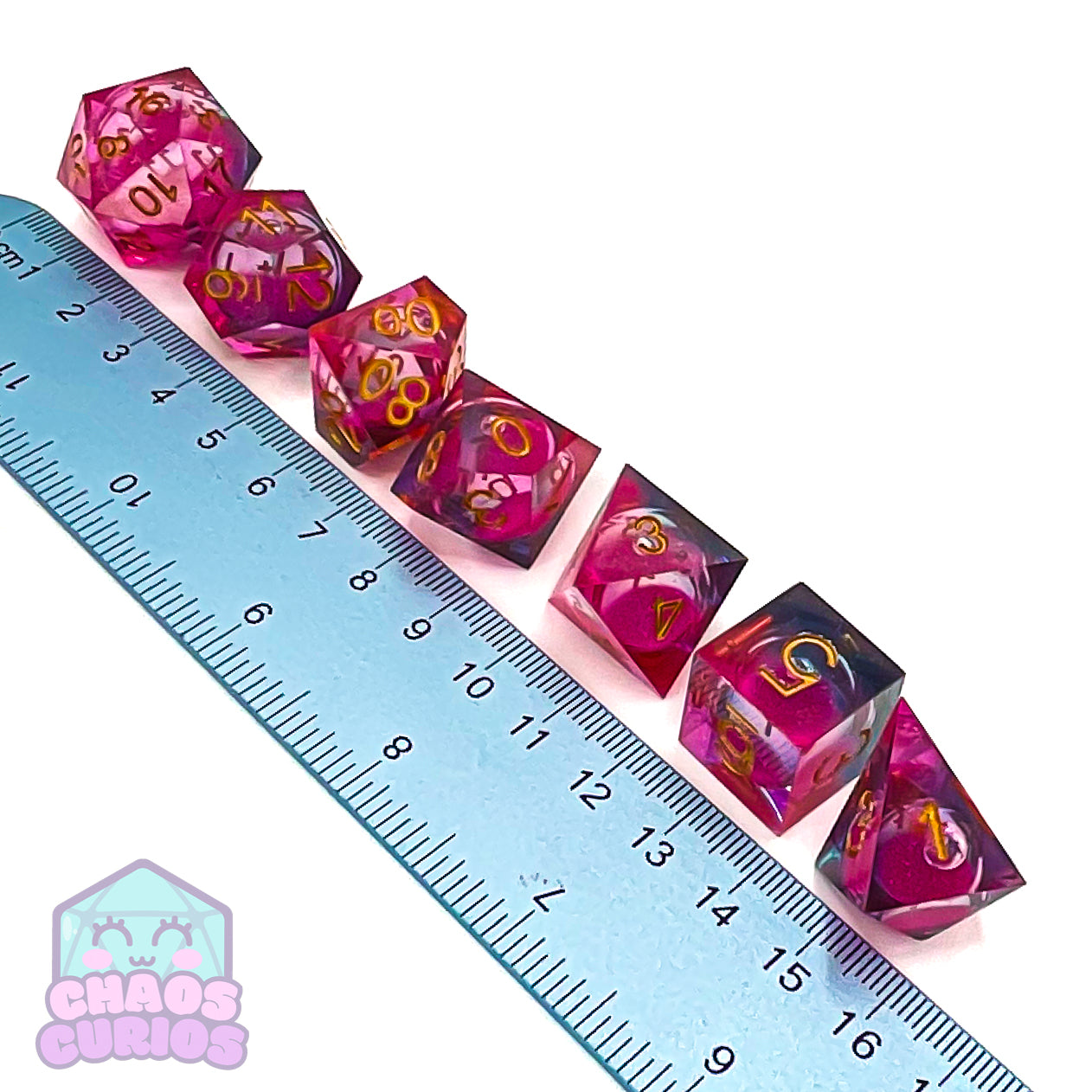 Glitter Pink Gold 7-piece Liquid Core Sharp Edged Resin Dice Set