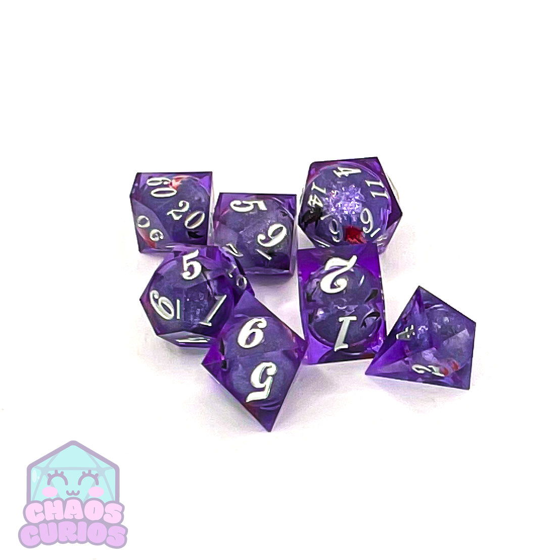 Glitter Koi Fish 7-piece Liquid Core Sharp Edged Resin Dice Set