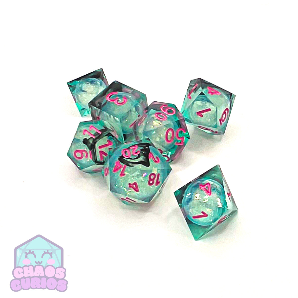 Glitter Silver Pink 7-piece Liquid Core Sharp Edged Resin Dice Set