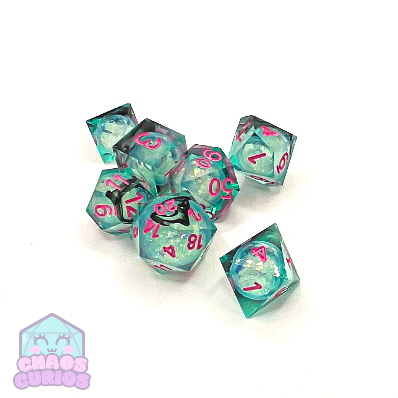 Glitter Silver Pink 7-piece Liquid Core Sharp Edged Resin Dice Set