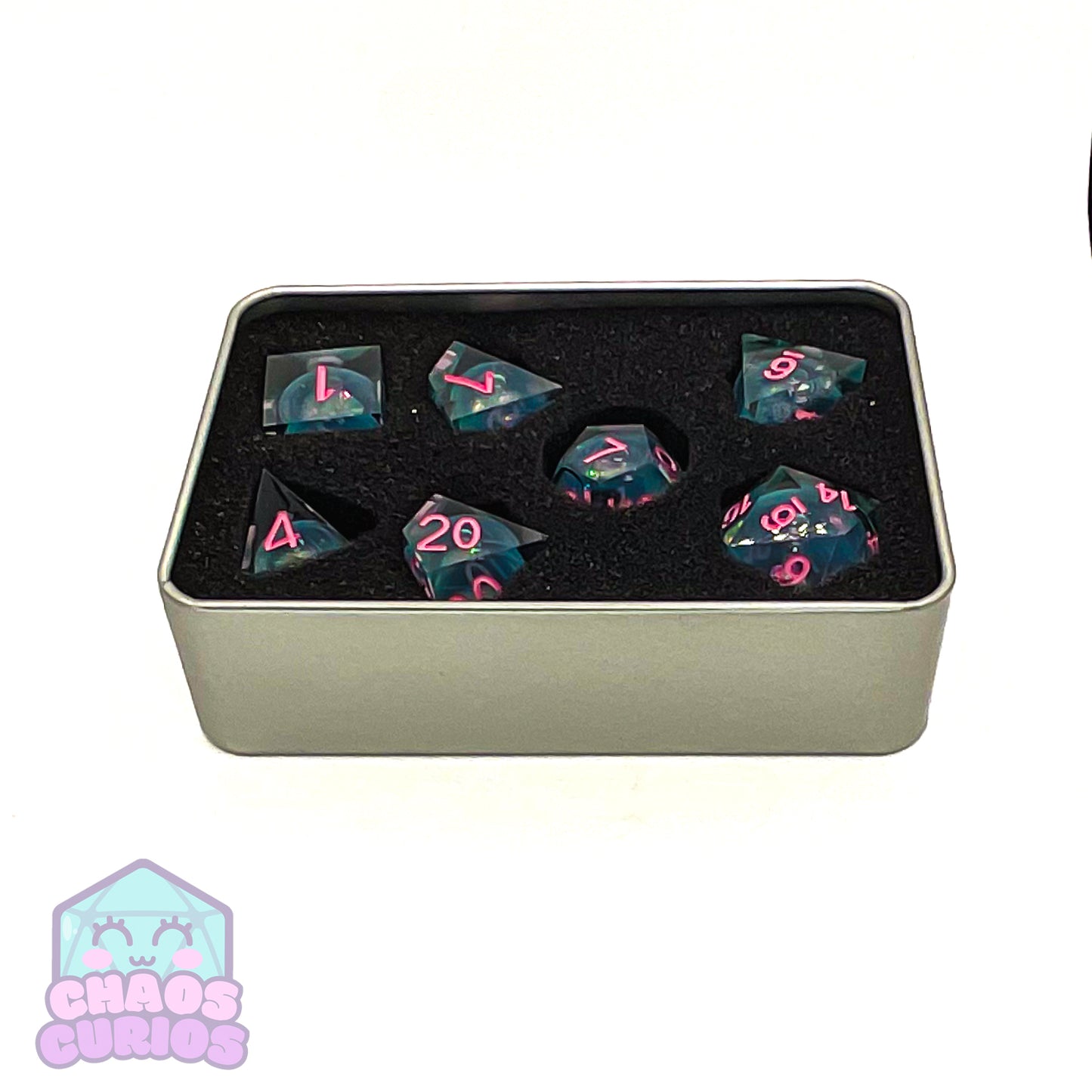 Glitter Silver Pink 7-piece Liquid Core Sharp Edged Resin Dice Set