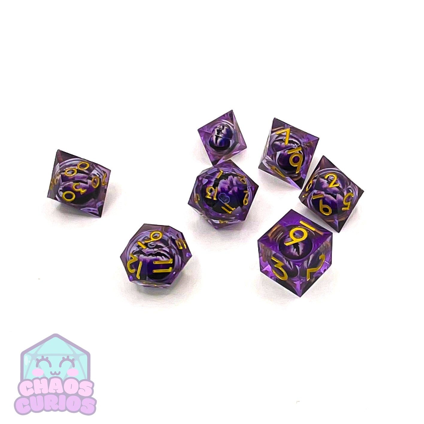 Rolling Purple Monster Dragon Eyes 7-piece Liquid Core Sharp Edged Resin Dice Set