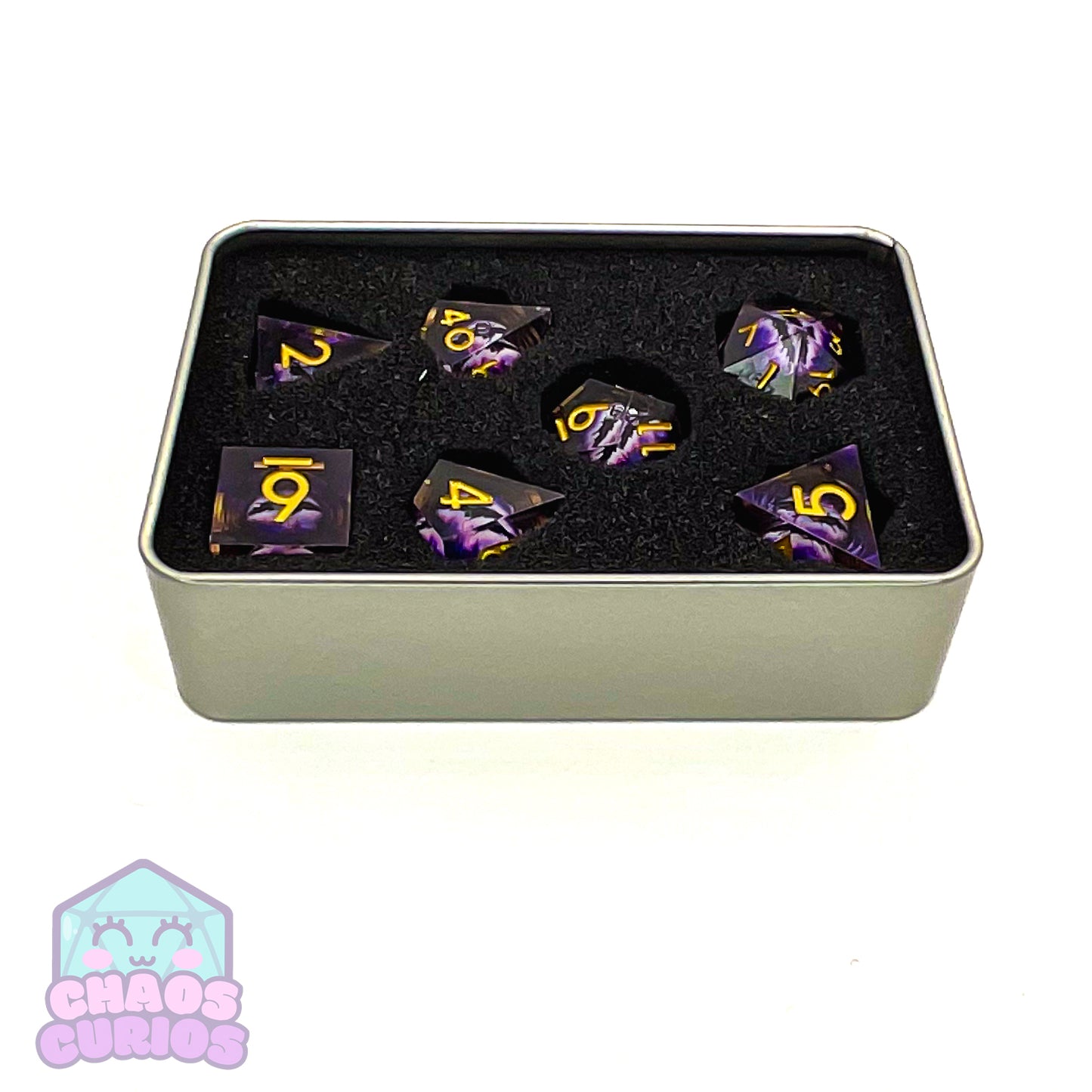 Rolling Purple Monster Dragon Eyes 7-piece Liquid Core Sharp Edged Resin Dice Set