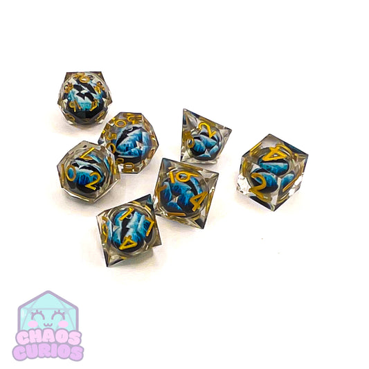 Rolling Blue Monster Dragon Eyes 7-piece Liquid Core Sharp Edged Resin Dice Set