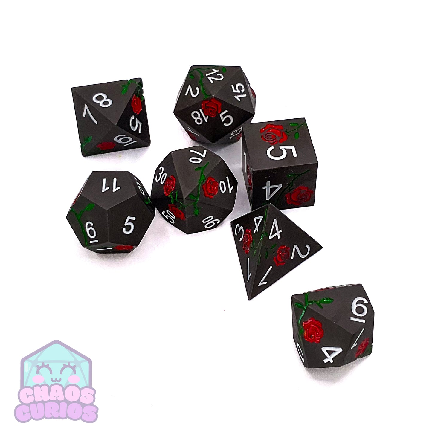 Black Red Rose Matte 7-piece Metal Dice Set