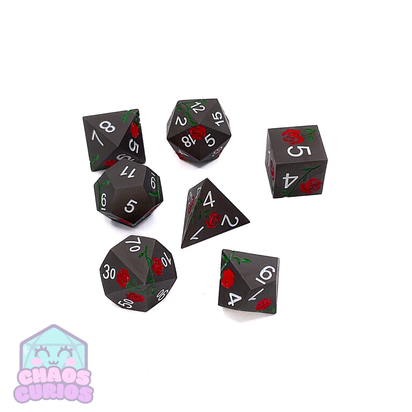 Black Red Rose Matte 7-piece Metal Dice Set