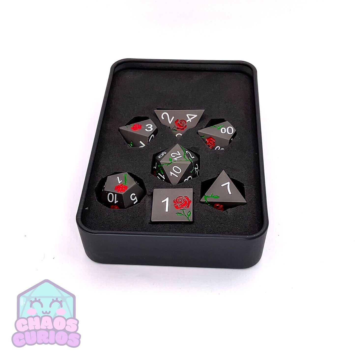 Black Red Rose Matte 7-piece Metal Dice Set