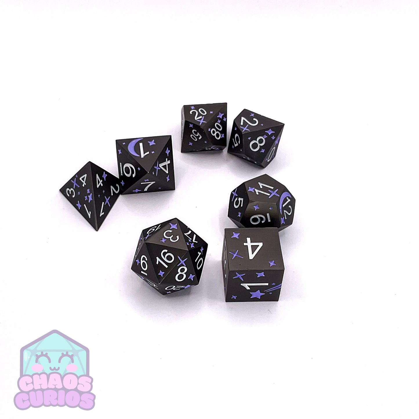 Moon and Stars Purple Matte 7-piece Metal Dice Set