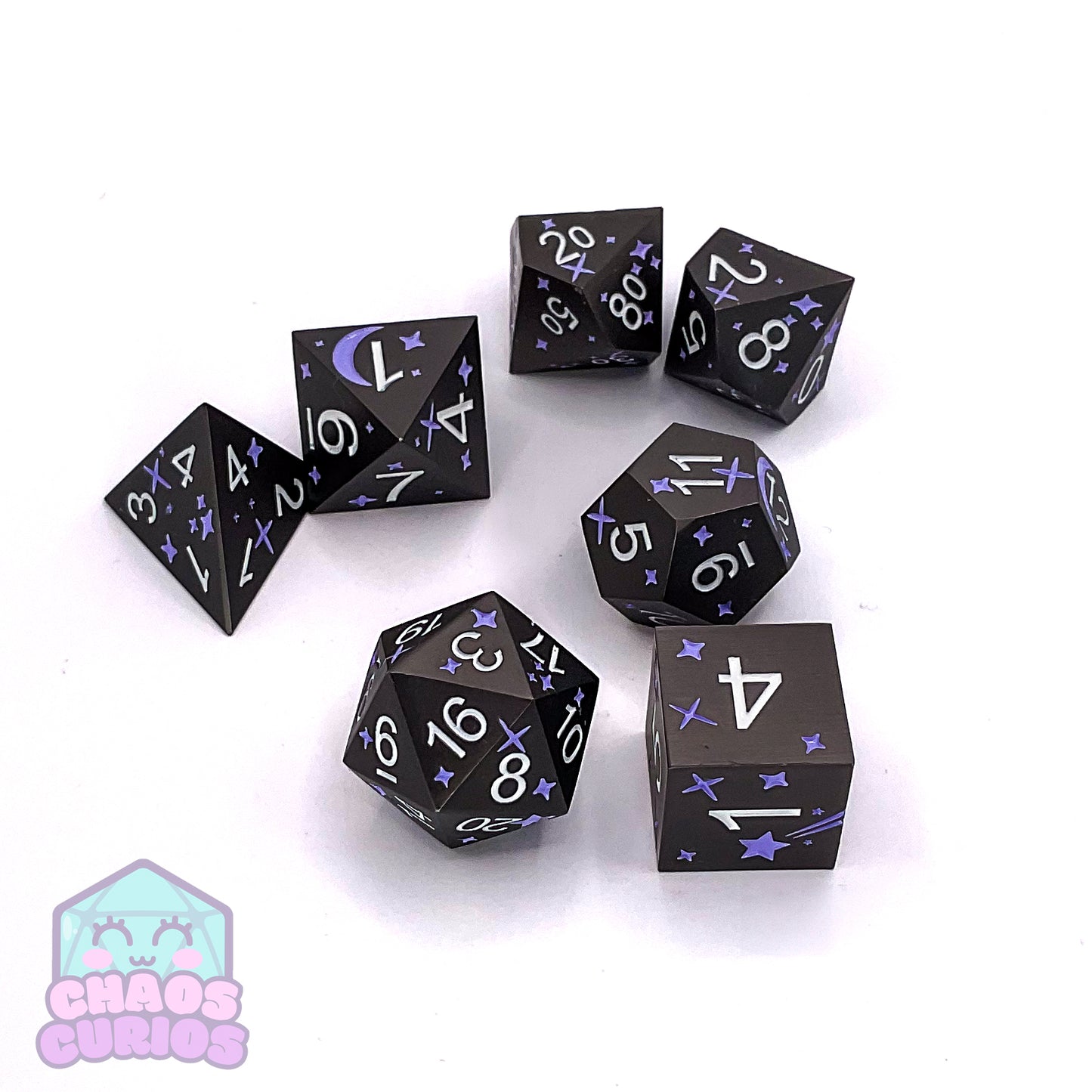 Moon and Stars Purple Matte 7-piece Metal Dice Set