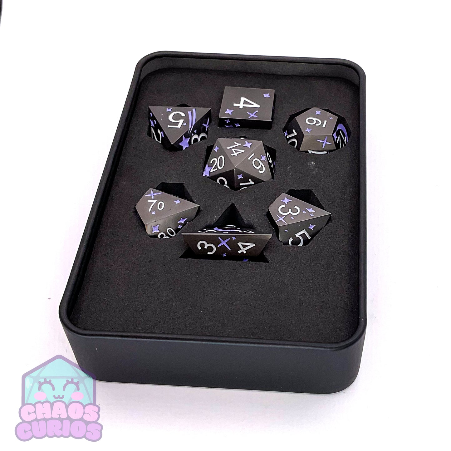 Moon and Stars Purple Matte 7-piece Metal Dice Set