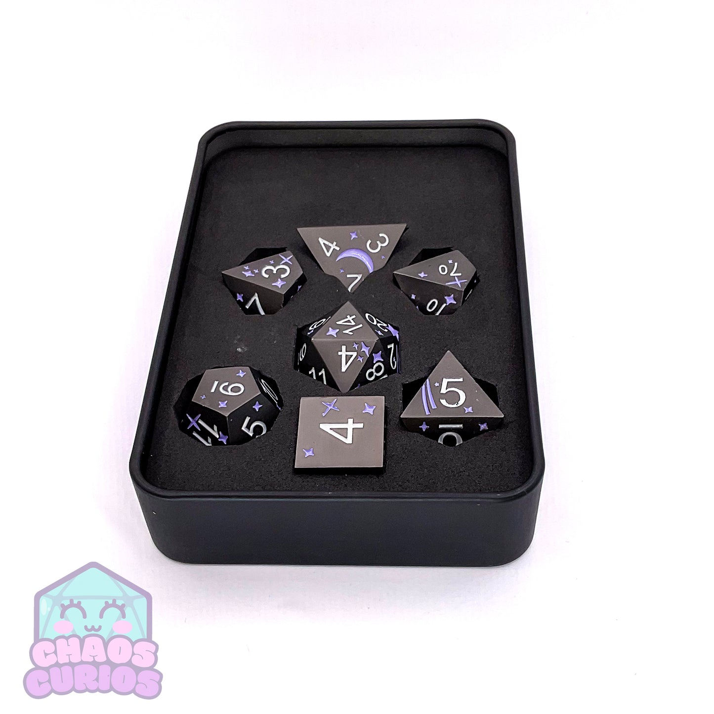 Moon and Stars Purple Matte 7-piece Metal Dice Set