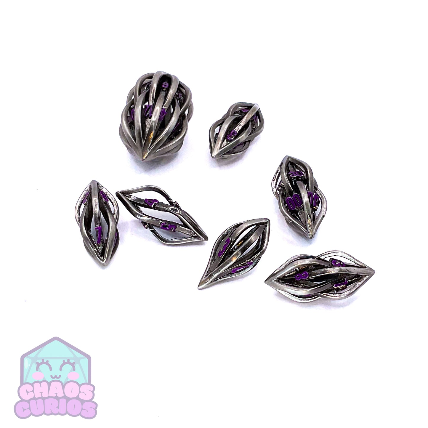 Silver Cage Purple Shard Shaped 7-piece Metal Dice Set