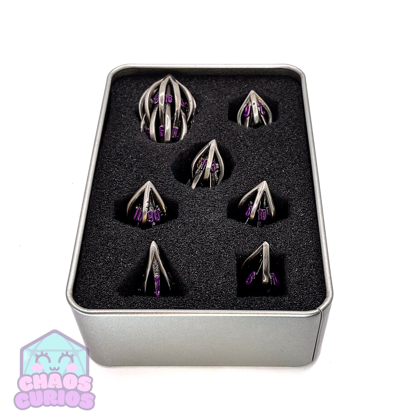 Silver Cage Purple Shard Shaped 7-piece Metal Dice Set