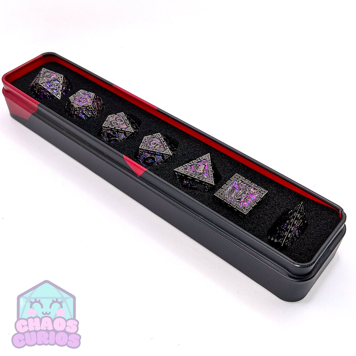 Purple Glittery Stained Glass Window Style Gunmetal 7-piece Metal Dice Set