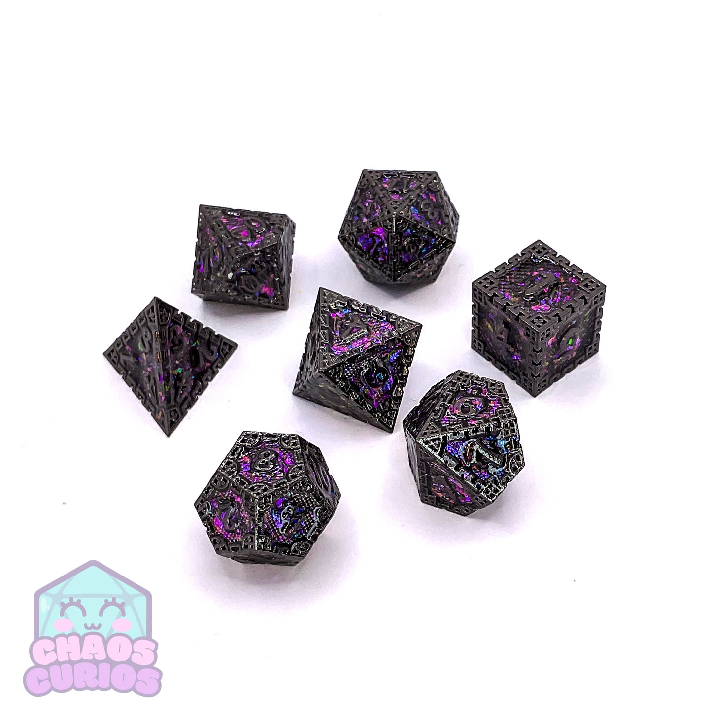 Purple Glittery Stained Glass Window Style Gunmetal 7-piece Metal Dice Set