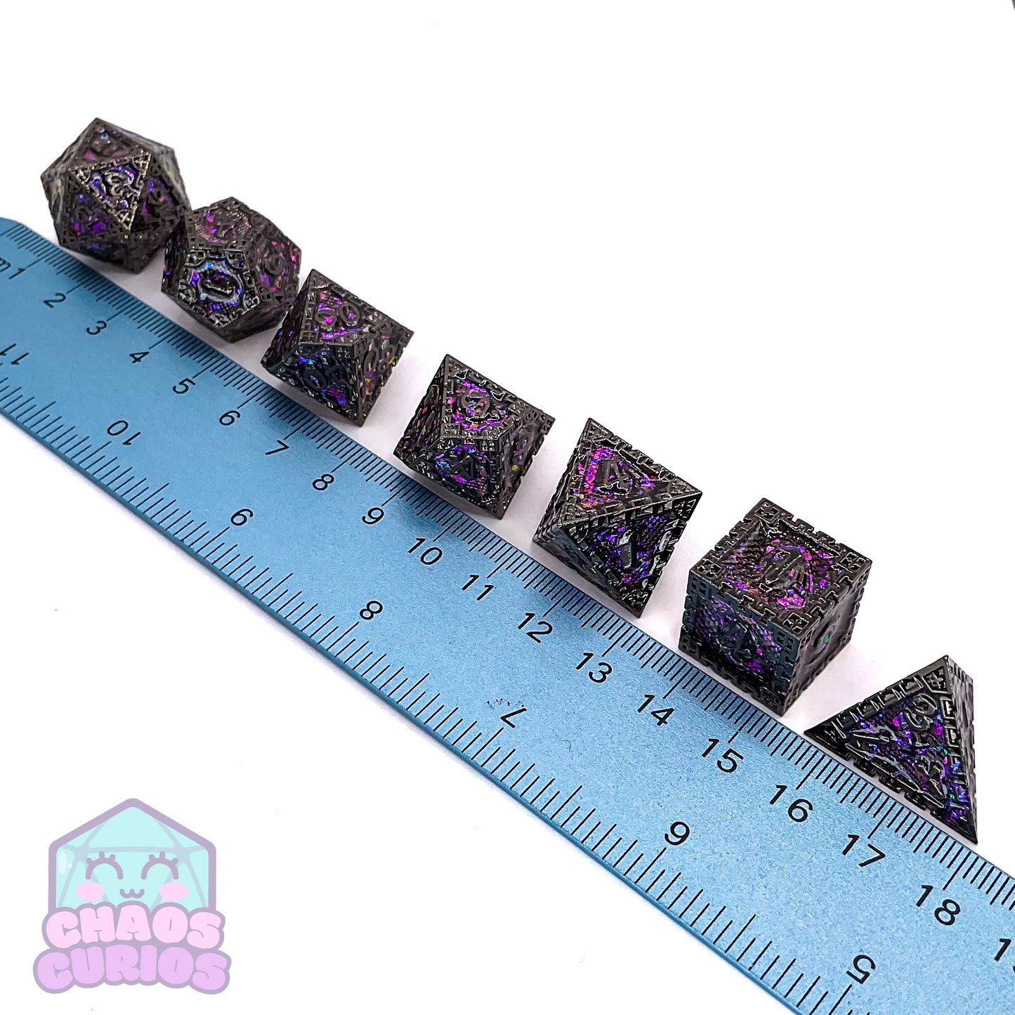 Purple Glittery Stained Glass Window Style Gunmetal 7-piece Metal Dice Set