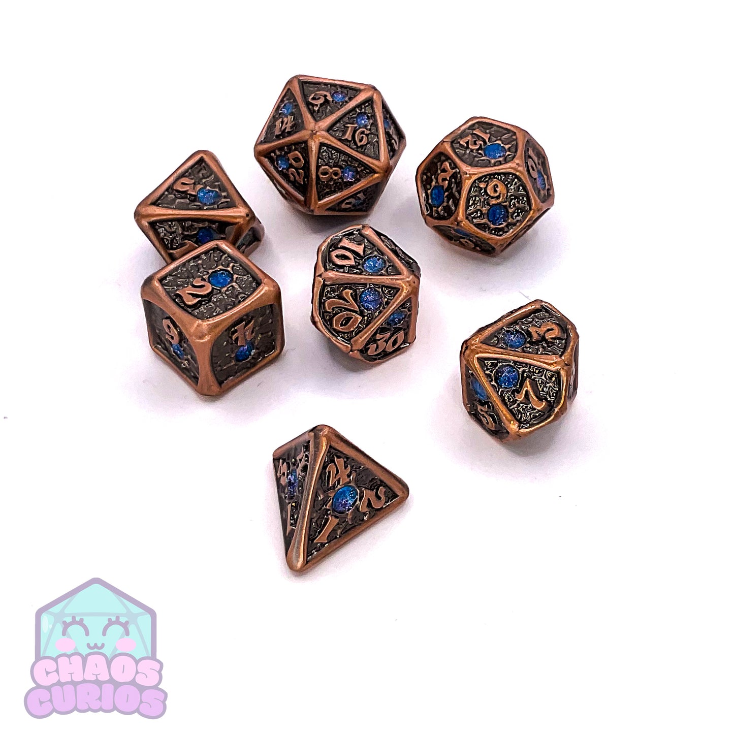 Tumbled Copper Blue Studded 7-piece Metal Dice Set