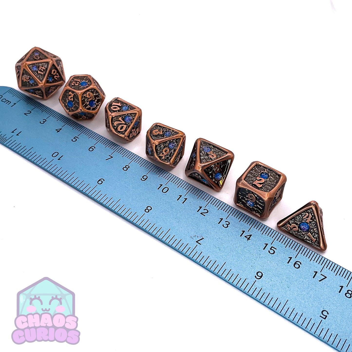 Tumbled Copper Blue Studded 7-piece Metal Dice Set