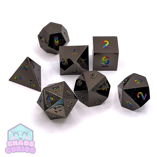 Rainbow High Shine Black 7-piece Metal Dice Set