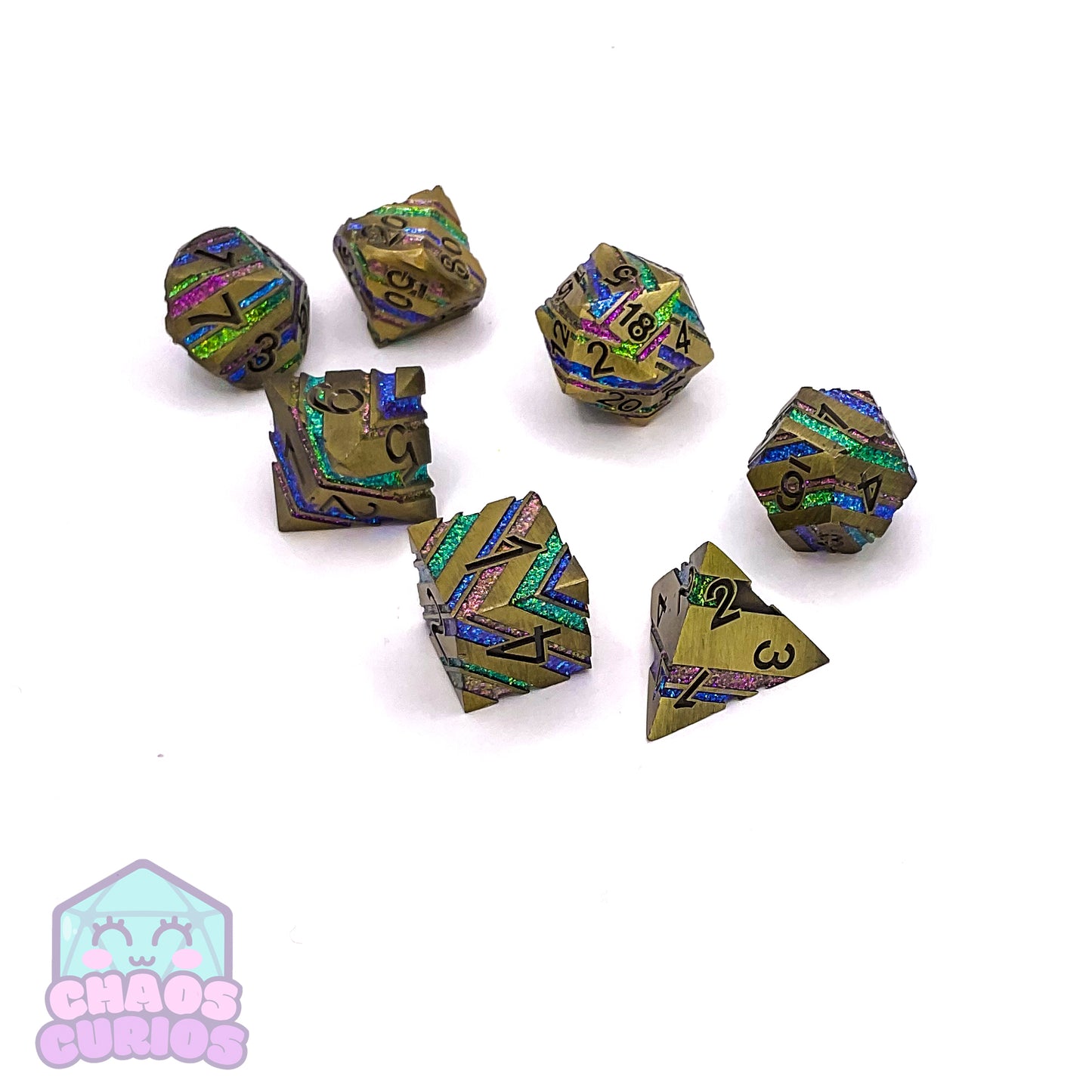 Striped Glitter Golden Rainbow 7-piece Metal Dice Set