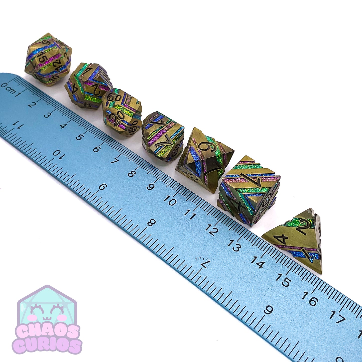 Striped Glitter Golden Rainbow 7-piece Metal Dice Set