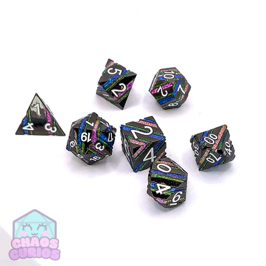 Striped Glitter Liquorice Allsorts 7-piece Metal Dice Set