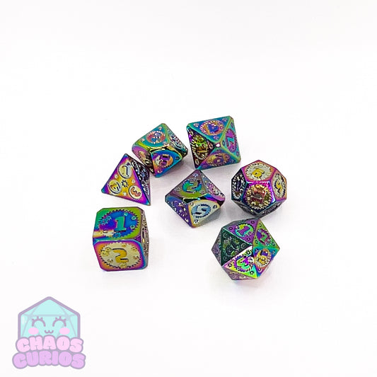 Steampunk Cogs Rainbow Electroplated 7-piece Metal Dice Set